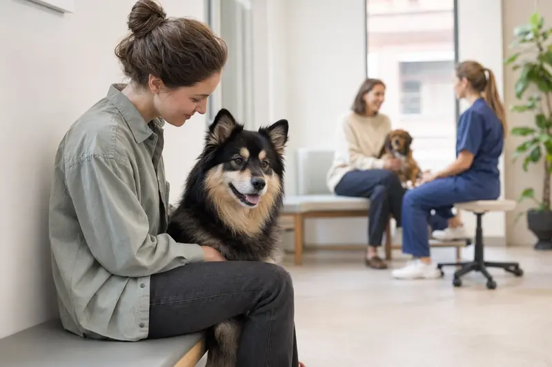 Ein Finnischer Lapphund sitzt ruhig neben seinem Besitzer im hellen Wartezimmer einer modernen Tierarztpraxis.